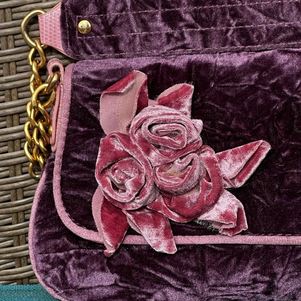 PINK PURPLE VELVET 3/D Florals Chain Shoulder Clutch Vintage Pretty part to find